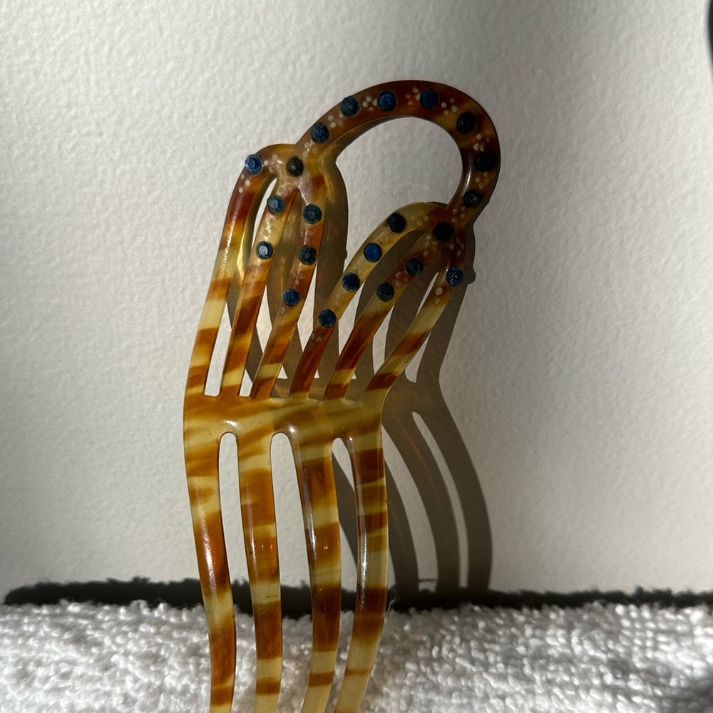 Antique Tortoise Shell Blue Rhinestone Hair Combs - Picture 9 of 13